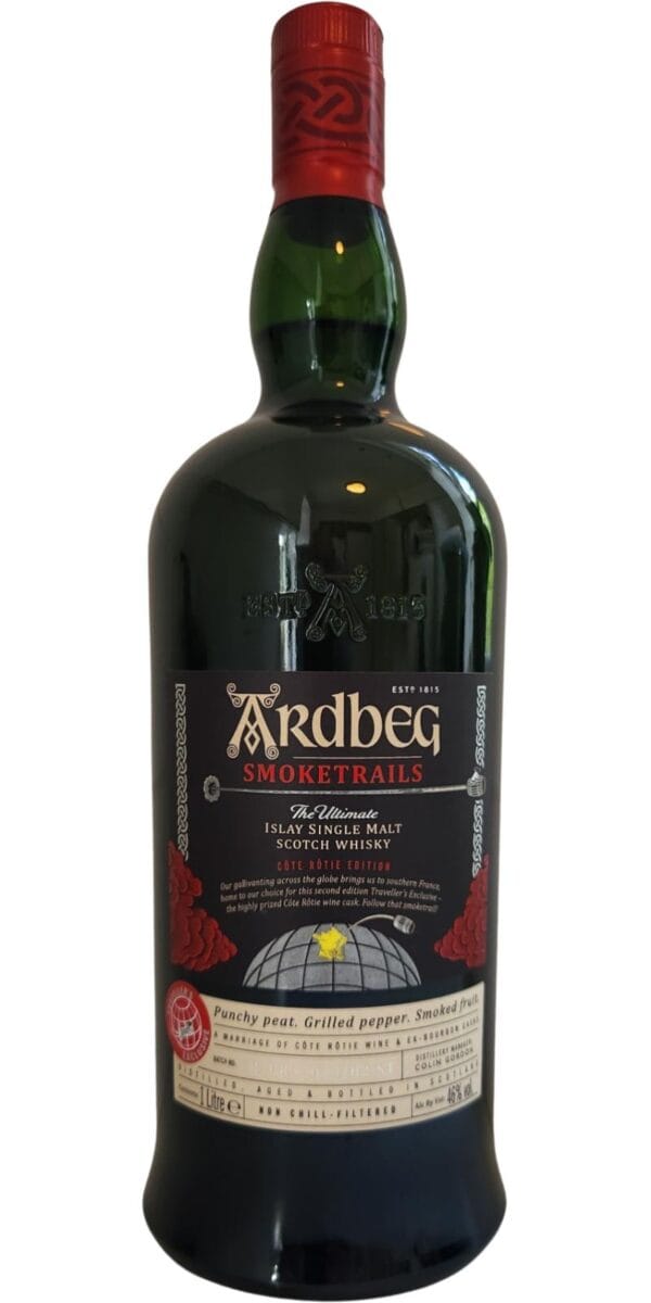 Ardbeg Smoketrails Côte-Rôtie Edition single malt whisky, highlighting smoky and fruity flavors in a premium bottle.