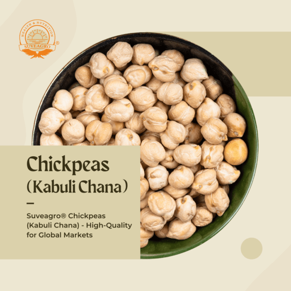 Suveagro® Chickpeas (Kabuli Chana) displayed in a bowl, showcasing their round shape and light beige color.