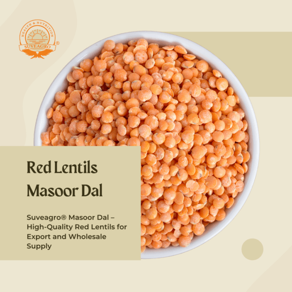 Suveagro® Red Lentils (Masur Dal) in a bowl, showcasing their vibrant color and fresh quality.