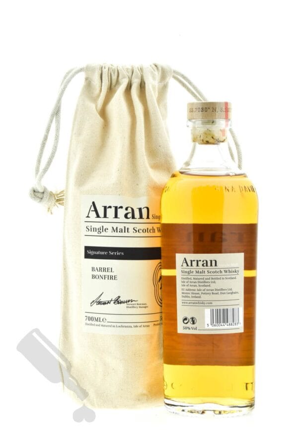 Arran Signature Series Edition 2 Barrel Bonfire single malt whisky with a branded carrying bag, showcasing its smoky flavor profile and premium quality.