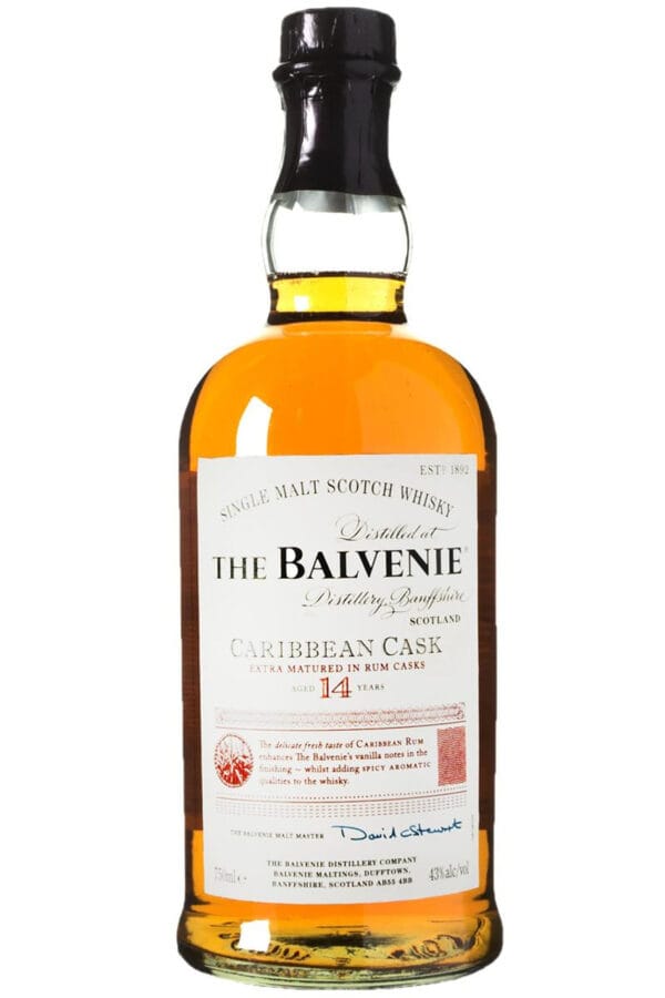 Balvenie 14 Years Caribbean Cask single malt whisky with gift box, showcasing tropical flavors and premium quality