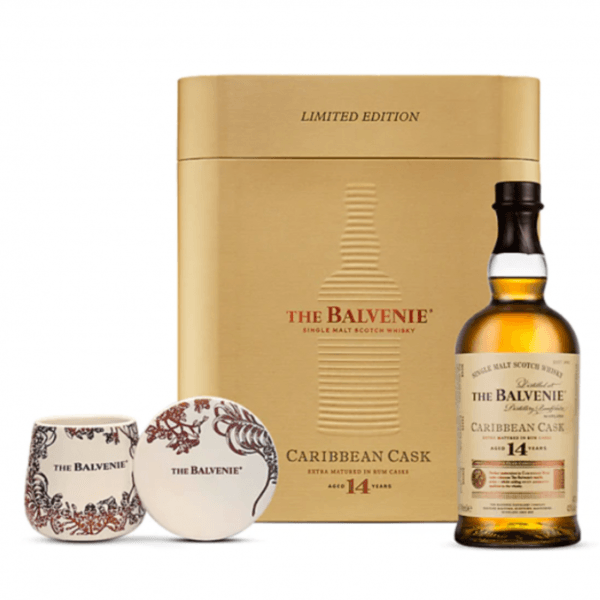 Balvenie 14 Years Caribbean Cask single malt whisky with tropical fruit and toffee flavors in a premium gift box, ideal for collectors