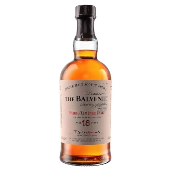 Balvenie 18 Years Pedro Ximenez Sherry Cask single malt whisky in a premium gift box, showcasing rich sherry and dried fruit flavors.