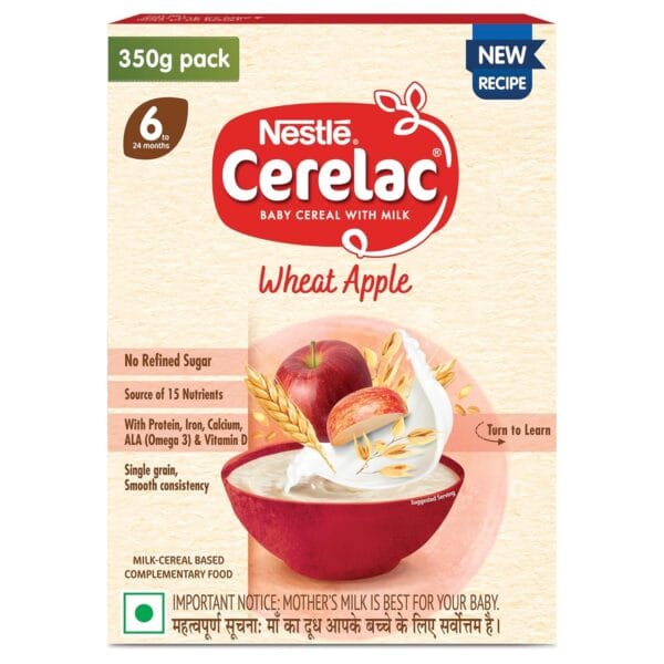 CERELAC Baby Cereal Wheat Apple Flavour 350g – No Refined Sugar, Omega-3, Iron, Protein for Babies 6-24 Months