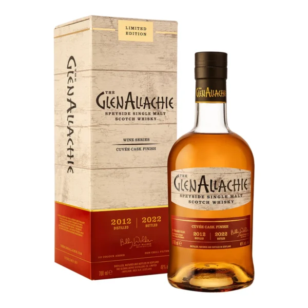 GlenAllachie Cuvee Cask Finish 2022 single malt whisky with a gift box, showcasing rich fruit and spice notes from its unique cask finish.