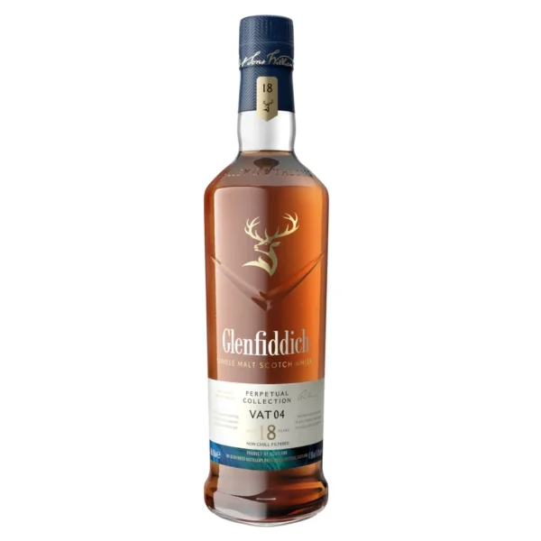 Glenfiddich Perpetual Collection 18 Years Vat 4 single malt whisky in a gift box, crafted with Solera aging at 47.8% ABV.